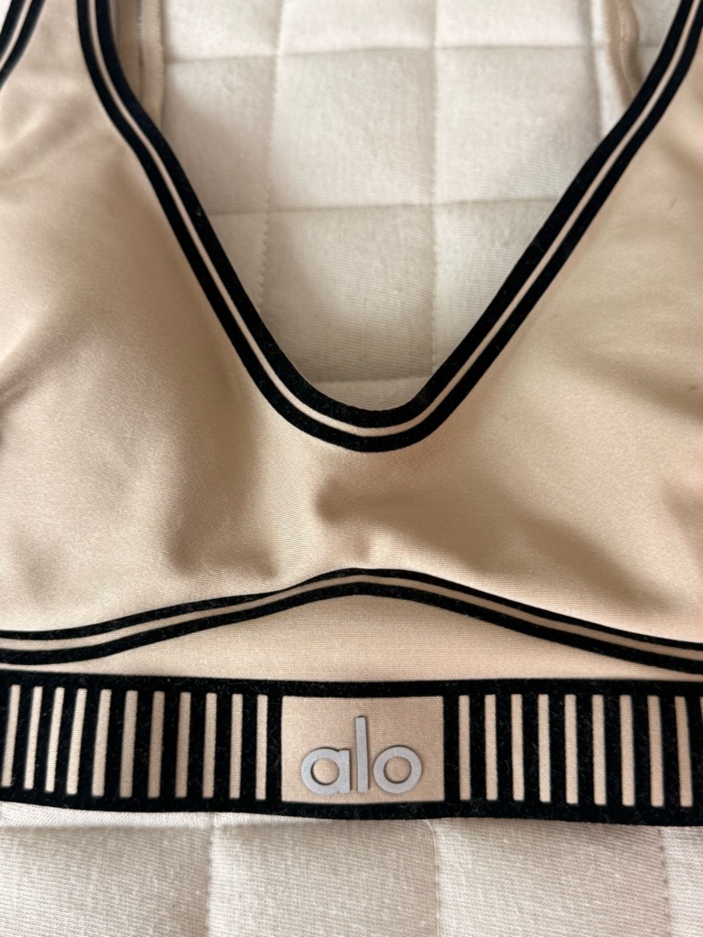 ALO Yoga Nude Beige Sports Bra with Black Trim - Picture 4 of 9